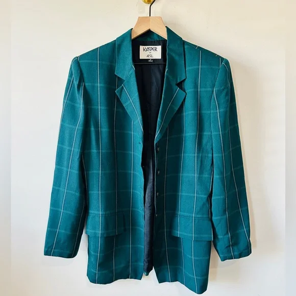 Teal Green Vintage Plaid Blazer By KASPER for ASL Size 14